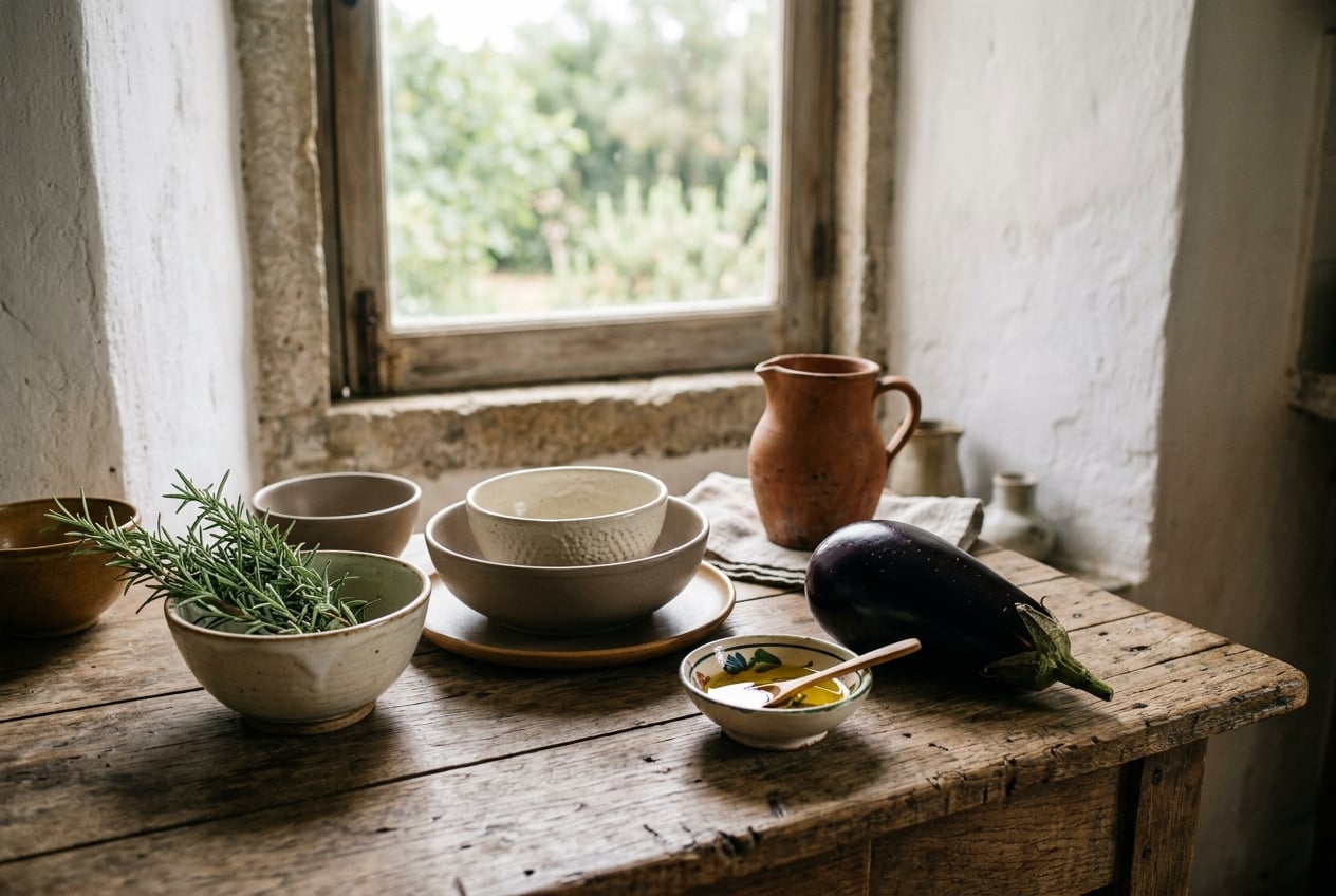 A rustic kitchen counter with fresh vegetables, herbs, olive oil, and warm natural light