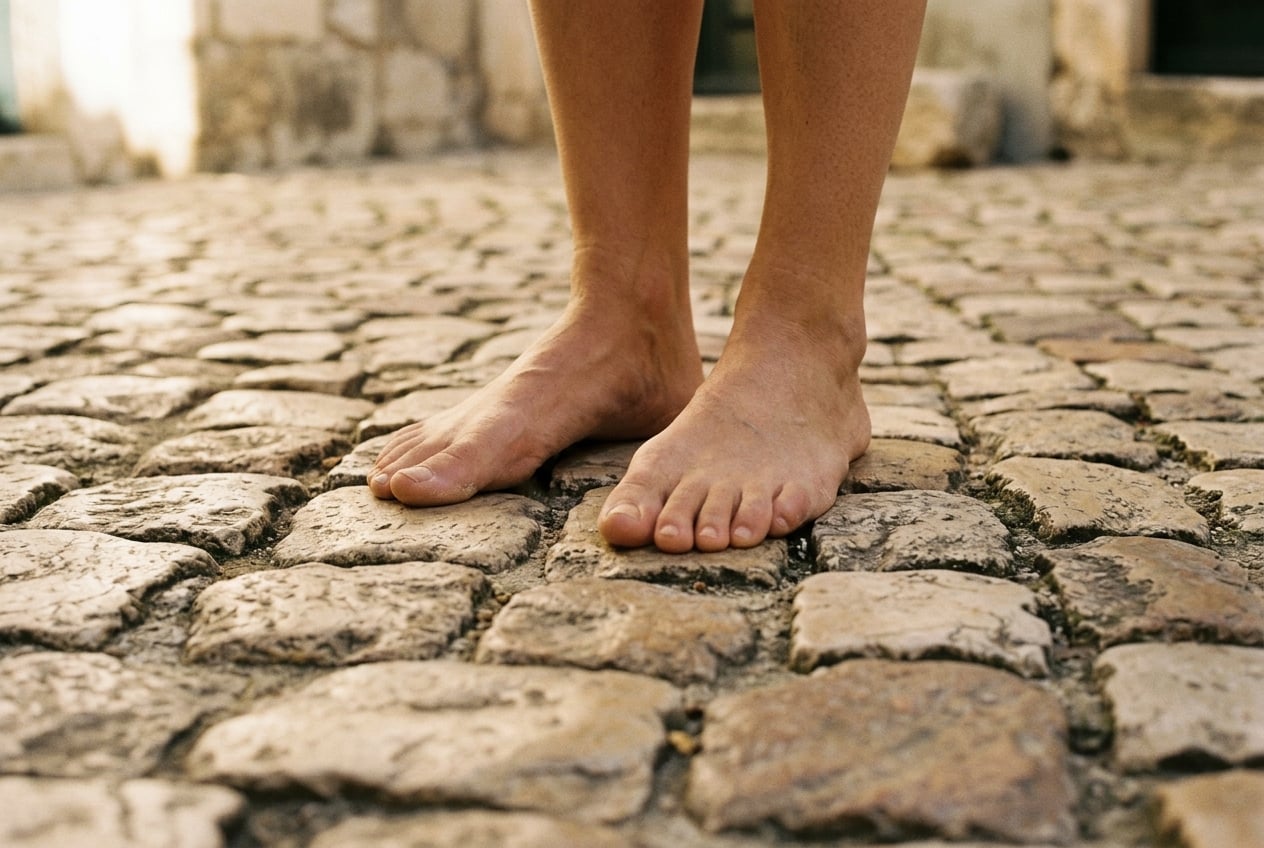 Bare feet grounded on natural earth or wood floor in soft morning light