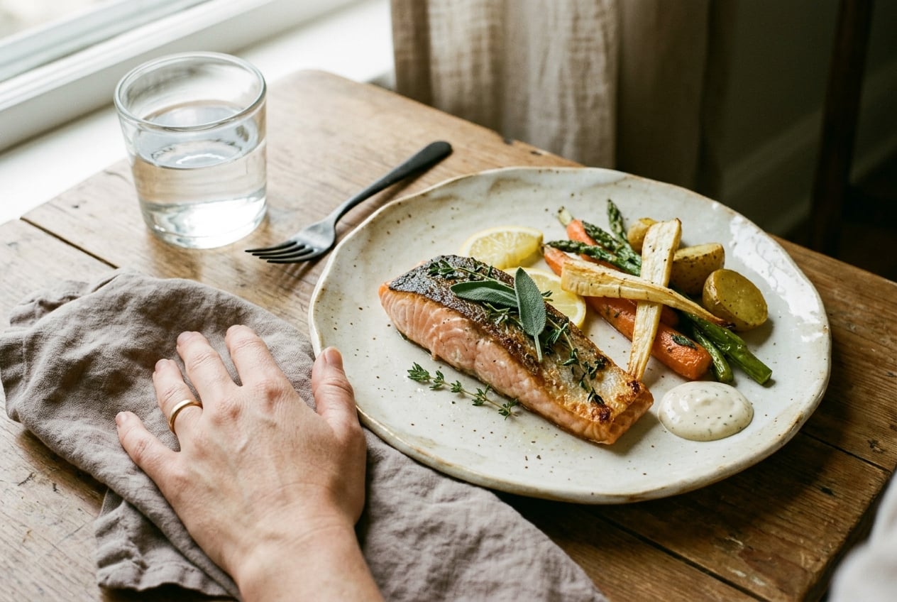 A simple, beautifully plated meal on a linen table setting in soft natural light