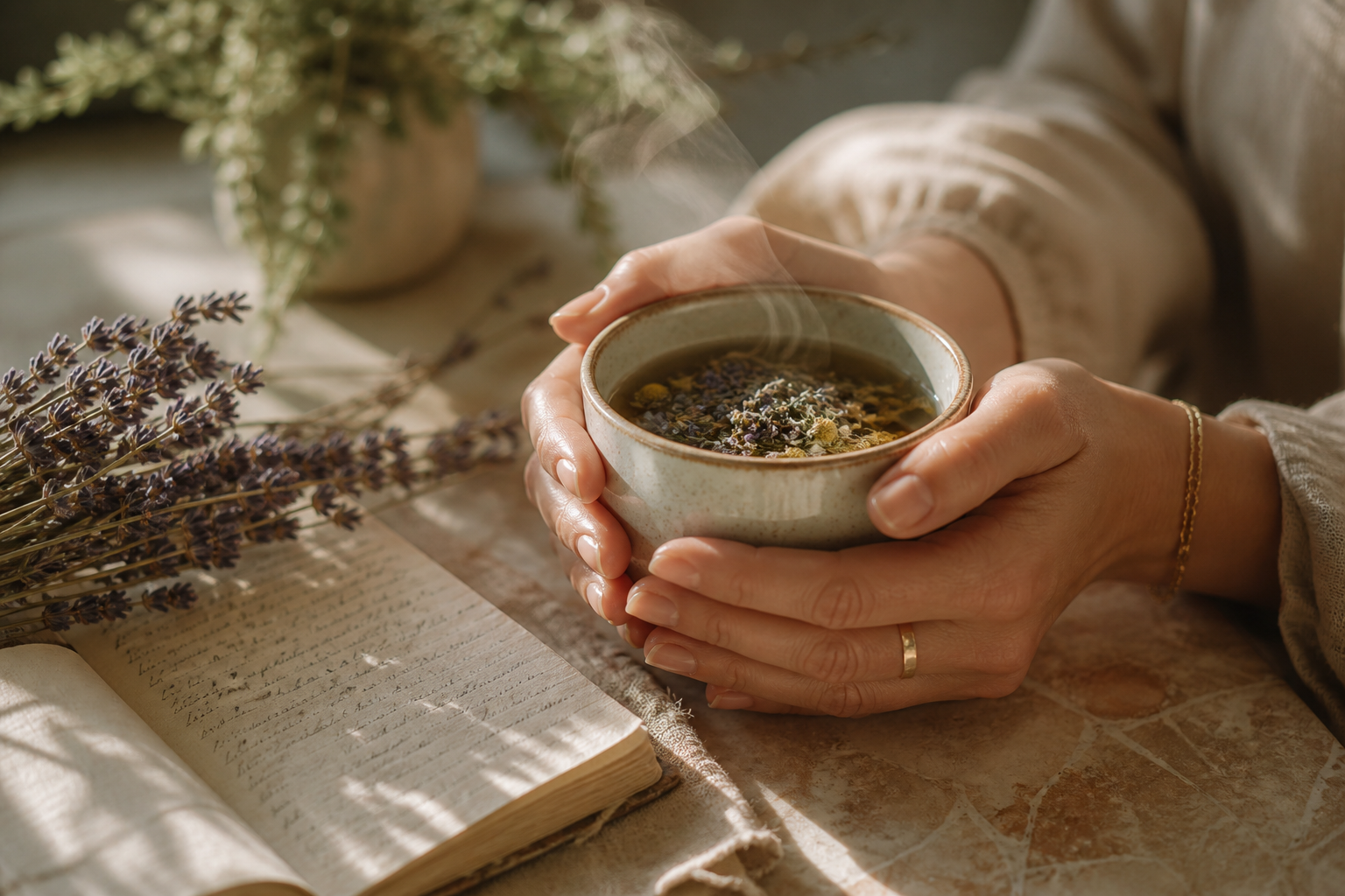 Hands cradling a warm cup of herbal tea with rising steam in soft morning light, beside dried herbs and journal pages