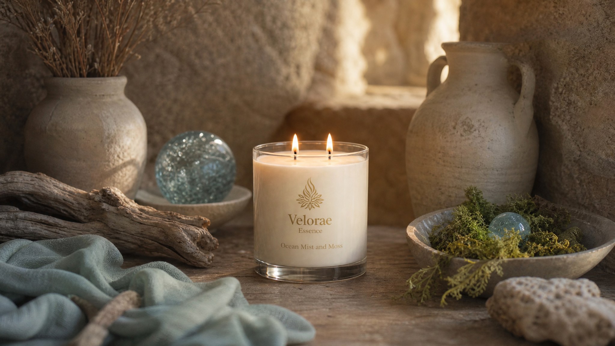Velorae Essence Ocean Mist and Moss candle lit among ceramic pottery, driftwood, and moss