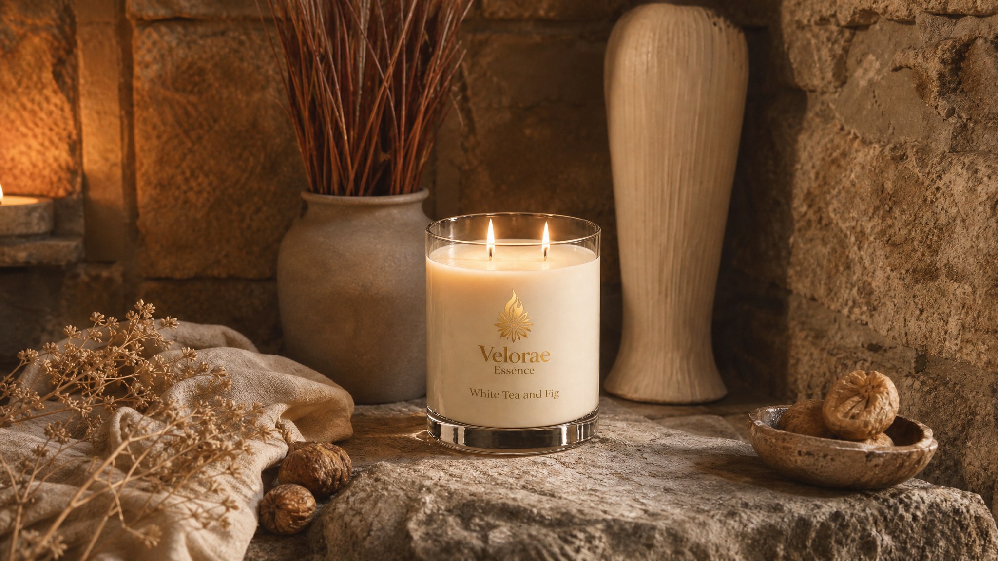 Velorae Essence White Tea and Fig candle lit on aged stone with dried flowers and linen