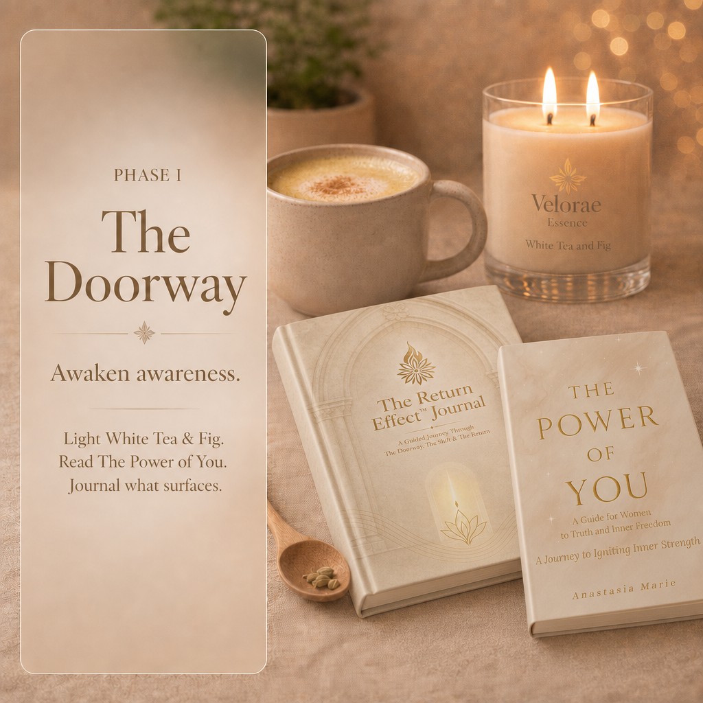 Phase I — The Doorway. White Tea & Fig candle with The Power of You and The Return Effect Journal