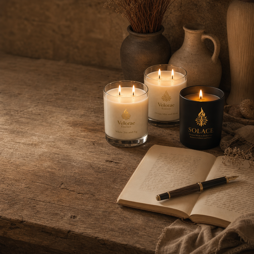 Reading Ritual — all three Velorae candles with the open journal and pen on linen