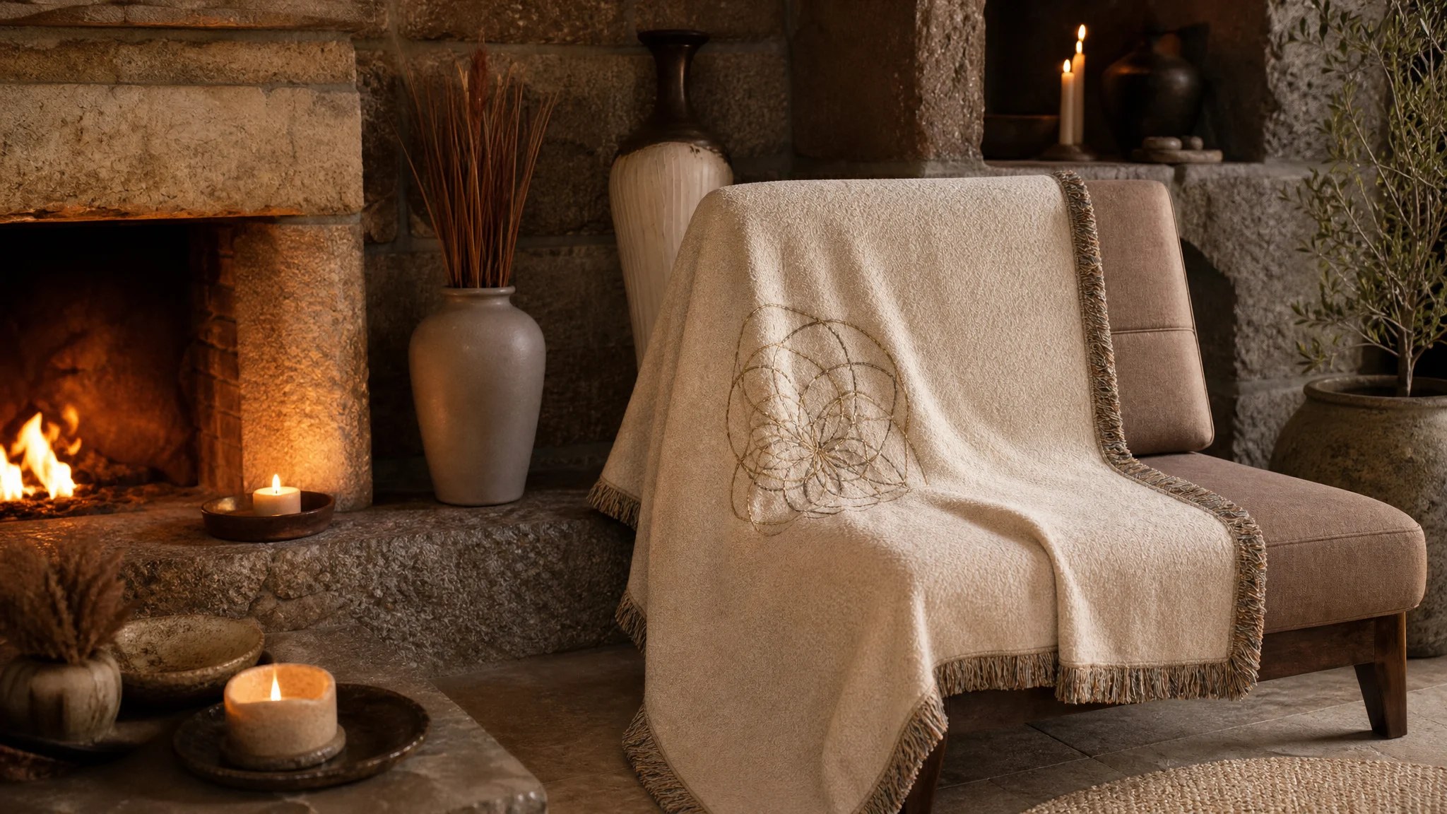 Connected by Design luxury cotton blanket with gold seed of life embroidery draped on chair beside stone fireplace with candles