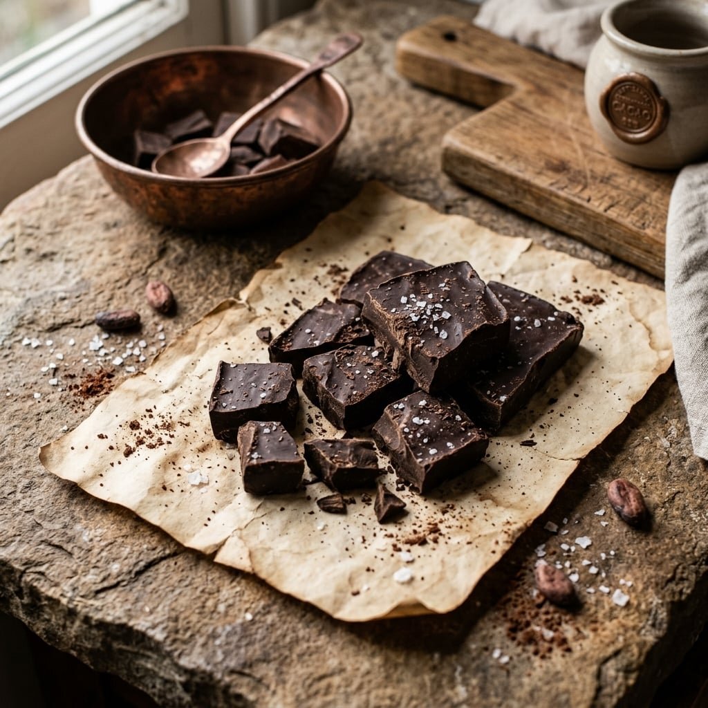 Ceremony Cacao raw dark chocolate bar with sea salt on parchment