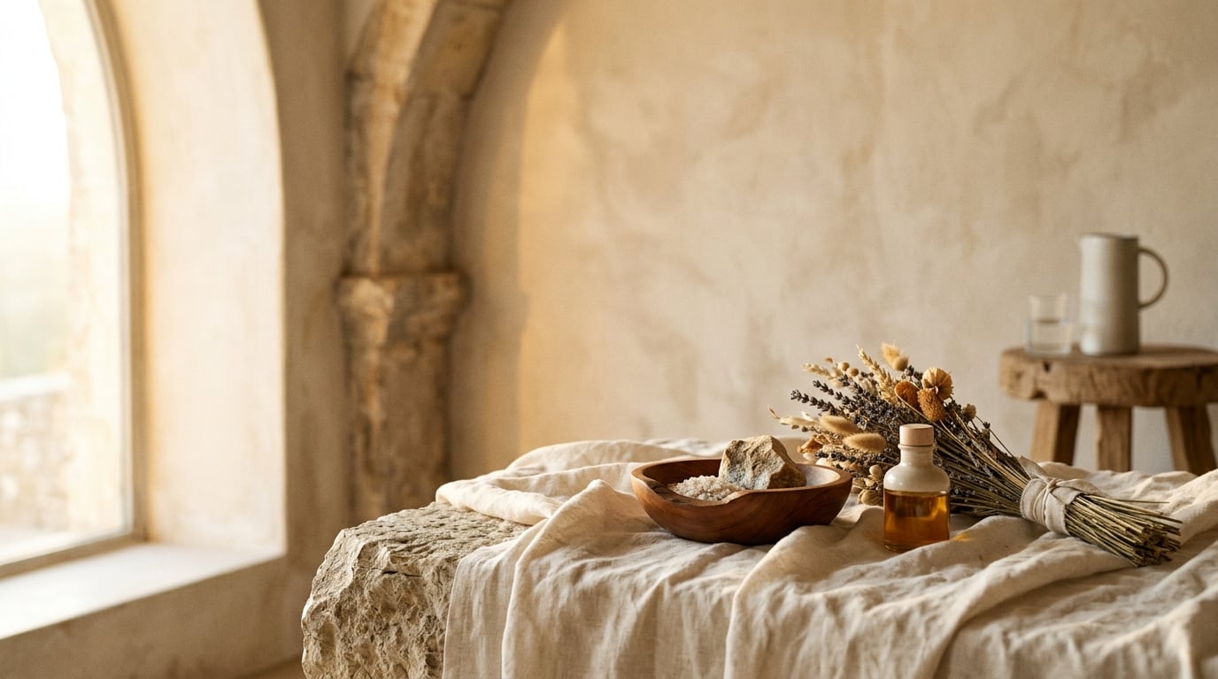 A serene, sunlit wellness sanctuary of warm linen, stone, and soft light