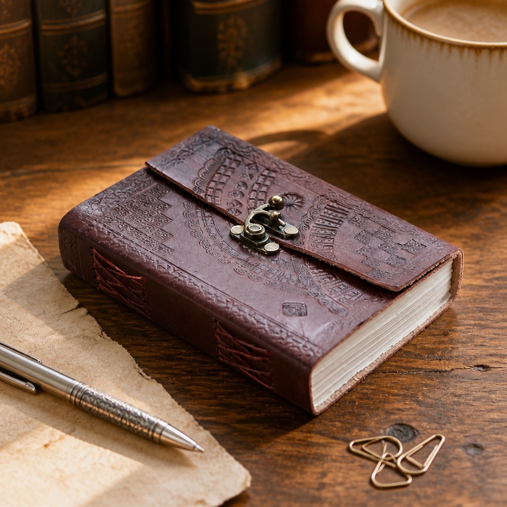 Brown embossed leather journal with a single brass clasp