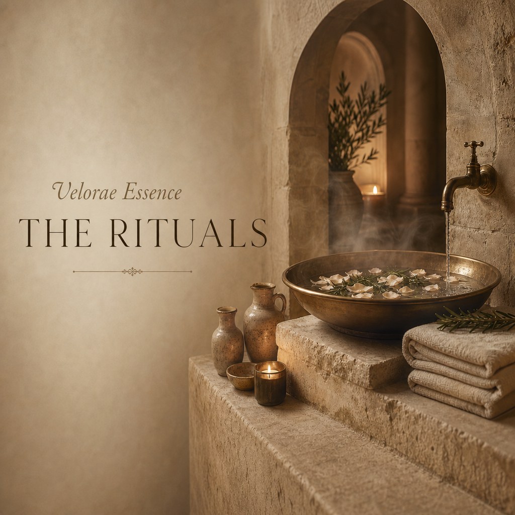Velorae Essence — The Rituals: a brass bowl filled with rose petals and rosemary under flowing water in a stone alcove