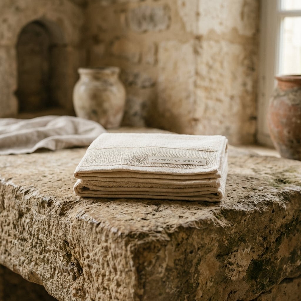 Organic cotton workout towel folded on aged stone surface