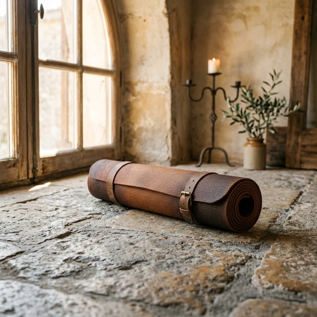 Seed of Life yoga mat in warm earth brown tones on stone floor